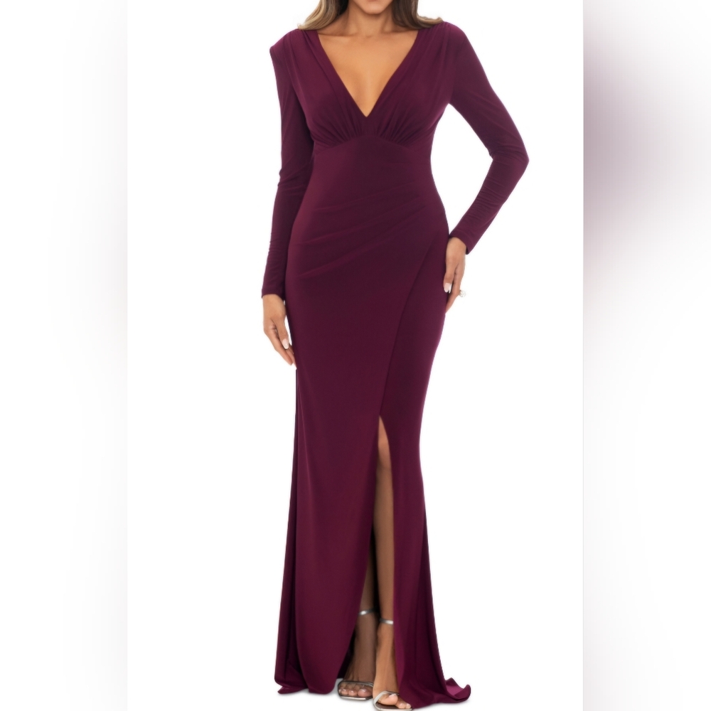 Xscape Women's Long-Sleeve V-Neck Ruched Dress - Wine